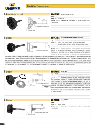 Planetárias| Planetary Gears



      Ford / Motorcraft                                                                                          UF - 13.122               Tipo/Type: (Eixo Longo / Long Shaft)

                                                                                                                Original:
                                                                                                                Partida / Starter:   F2TUAA7C27A
                                                                                                                Aplicação / Application:    CHEVROLET-GM: ASTRA, BLAZER, S10, VECTRA - II(SOHC) 1.8/2.0/2.2
                                                                                                                 - 8V ATÉ 03/2001




      Delco                                                                                                      UF-14.032                 Tipo/Type: 28MT (Acompanha rolamento / bearing include)

                                                                                                                Original: 10457032 (Eixo curto/Short Shaft: 172 mm)
                                                                                                                Partida / Starter:   1113276, 113277, 113291, 10479605, 10479623, 10479629, 10479634,
                                                                                                                                     10479643, 10479644, 104796651, 10479652, 10479564, 10479655, 10479645.


                                                                                                                Aplicação / Application:    AGCO: Arg. Dicumar 6BT-F700. Dynapac. G-Drive. Ingersoll
                                                                                                                 Rand 95, 110, 125. Metalfor Pulverizador. Muller DTV140, Skider, TM-14. Zanello.
                                                                                                                 Timberjack 610 Forwarder, 450C, 480C (Motor Cummins 4B3.9, 4BT3.9, 6B5.9, 6BTAA)
                                                                                                                 TIMBERJACK: 608, 608 Harvester. Ciber Vibrador. Komatsu PC200 Escavadeira (Mo-

     tor Cummins 4B3.9, 4BT3.9, 6B5.9, 6BT5.9, 6BTAA) FIAT: Allis (Motor Cummins 6BT5.9 com embreagem banhada a óleo, Grader PG140 E PG160 (Motor Ford 7.5L GMA, Pá Carrefadeira FR128 e
     Trator de Esteira 7D, Grader FG-1402.2.Case Grader 845 e 845.2, Pá Carregadeira W20, FD 170, cremalheira a banho de óleo FORD: F12000 e F14000 (Motor Cummins B 5.9 litros 160CV).
     CASE: Retroescavadeira 580L e 580L SE. CUMMINS: 4B3.9, 4BT3.9, 6B5.9, 6BT5.9, 6BTAA. MBB: 710, 1418R, 1720, 1720K, L 1620, LO 814 (Motor OM 364 e OM 366 em 12V), OF 1721, OH 1420, OH 1621L, OH
     1623 (Motor OM 364 e OM 366 em 24V). TRATORES: 5410 (Motor 4045D 4 Cil. 4,5L). Tratores 2140, 2850, 3140, 3350, 3540, 3550 (Motor 6359 e 4239D). Tratores 1420, 2330, 2420, 2530, 2730 (Motor 3 e 4
     Cil.). Tratores 5600, 5700 e 6300 (Motor 4039D e T 4 Cil. 3,9L). Tratores 6600 (Motor 6059T 6 Cil. 5,9L). Tratores 627, 727, 3420, 3530, 4420, 4530, (Motor 6 Cil.)




      Delco                                                                                                      UF - 14.095               Tipo/Type: 38MT

                                                                                                                Original: 10512095
                                                                                                                Partida / Starter:   8200005, 8200025, 8200053, 8200072, 8200077, 200078, 200356
                                                                                                                Aplicação / Application:    CUMMINS: Motores C e ISC de 8,3 litros, FORD: Cargo 16,22
                                                                                                                 1630, 2422, 2425, 2622, 2626, 2630, 2631, 3222, 4030, com motor Cummins 6CTAA 8,3 litros,
                                                                                                                 Cargo Eletrônico 2632, 2932, 532 e 5032, VOLKSWAGEN: Caminhões 17-220, 17-310, 23-
                                                                                                                 210, 23-220, 23-310, 24-220, 26-220, 26-260, 26-310 - com motor Cummins 6CTAA 8.3 litros,

                                                                                                LANÇAMENTO       Caminhões 31-370, 25-370, 19-370 como motor 9,3 litros international e 18-310, 19-
                                                                                                  New product
                                                                                                                 320, 31-320, Titan Tractor e Constellation com motor Cummins ISC 8,3 litros. Ôni-
                                                                                                                 bus 19320EOT – Quéops evolution com motor Cummins ISC 8,3 litros, Caminhões
                                                                                                                 18.310 Titan Tractor.




      Delco                                                                                                      UF - 14.150               Tipo/Type: PG150S

                                                                                                                Original:
                                                                                                                Partida / Starter:   9000846, 9000794
                                                                                                                Aplicação / Application:    CHEVROLET-GM: ASTRA, BLAZER, S10, VECTRA - II(SOHC) 1.8/2.0/2.2
                                                                                                                 - 8V ATÉ 03/2001




56
 