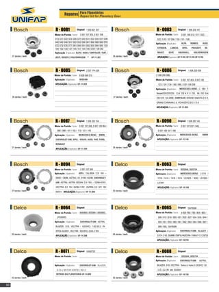Reparos Para Planetárias
                                            Repair kit for Planetary Gear



       Bosch              R - 0081                  Original: 1 005 821 307              Bosch              R - 0083                  Original: 1 006 200 161

                         Motor de Partida / Starter:    0 001 107 003, 0 001 108                           Motor de Partida / Starter:    0 001 106 012 / 017 / 022 /
                         013/ 021/ 022/ 023/ 026/ 027/ 030/ 031/ 032/ 035/ 037/ 038/                        023, 0 001 107 056 / 100 / 101 / 108
                         040/ 045/ 046/ 051/ 052/ 053/ 056/ 061/ 066/ 068/ 069/ 070/                                                      ALFA      ROMEO,         AUDI,
                                                                                                           Aplicação / Application:
                         072/ 073/ 076/ 077/ 081/ 084/ 091/ 092/ 093/ 094/ 095/ 103/
                         104/ 105/ 135/ 137/ 144/ 151/ 154/ 159, 0 001 109 040                              CITROEN,         LANCIA,       OPEL,     PEUGEOT,          RE-

                         Aplicação / Application: ALFA / AUDI / CHRYSLER / FIAT /                           NAULT,        SEAT,       VAUSHALL,         VOLKSWAGEN
     37 dentes / teeth   JEEP / ROVER / VOLKSWAGEM *                  UF-11.307        36 dentes / teeth    APLICAÇÃO / Application: UF-11.161, UF-11.123, UF-11.153




       Bosch              R - 0085                  Original: 2 337 1F4 029              Bosch              R - 0086                  Original: 1 006 200 059

                         Motor de Partida / Starter: 9 008 046 015                                         (1 006 200 098)
                         Aplicação / Application:      NISSAN		                                            Motor de Partida / Starter:    0 001 107 403, 0 001 108
                         APLICAÇÃO / Application: UF-11.029                                                  123 / 124 / 134 / 160 / 995, 0 001 109 306
                                                                                                           Aplicação / Application:      MERCEDES-BENZ: C 180/ T-
                                                                                                           Modell/200/220/230, CLK 230 K.P, E 230, ML 230 SLK
     36 dentes / teeth                                                                 37 dentes / teeth   230 K.R, 124-200E, CHRYSLER: DODGE DAKOTA 2.5 D,
                                                                                                           GRAND CARAVAN 2.5, VOYAGER 2.5/3.3 / 3.6
                                                                                                           APLICAÇÃO / Application: UF-11.059	




       Bosch              R - 0087                  Original: 1 006 200 104              Bosch              R - 0090                  Original: 1 006 200 145

                         Motor de Partida / Starter: 0 001 107 048, 0 001 108 064 /                        Motor de Partida / Starter:    0 001 107 037 / 048,
                            080 / 088 / 101 / 102 / 113 / 121 / 143                                          0 001 108 157 / 169
                         Aplicação / Application:      MERCEDES-BENZ, BMW,                                 Aplicação / Application:      Mercedes-benz,            bmw
                          CHEVROLET-GM, OPEL , VOLVO, AUDI, FIAT, FORD,                                     aplicação / Application: uf-11.145
                          RENAULT
     37 dentes / teeth                                                                 36 dentes / teeth
                          APLICAÇÃO / Application: UF-11.104	




       Bosch              R - 0094                  Original:                            Delco              R - 0063                  Original:

                         Motor de Partida / Starter:    0 001 107 045                                      Motor de Partida / Starter: 9000846, 9000794
                         Aplicação / Application:      OPEL: CALIBRA 2.0I 16V –                            Aplicação / Application:      MERCEDES-BENZ: L1214 /
                          09/93  08/96, ASTRA 2.0I, 01/95 02/98, CHEVROLET-                                1218 / 1414 / 1418 / 1614 / LS1625 / 1630 / LS1935 /
                          GM: ASTRA, ASTRA SEDAN 2.0I 16V – 02/9907/01,                                     LS1941
                          VECTRA 2.0 16V 04/9611/97, ZAFIRA 2.0 SFI 16V                                     aplicação / Application: uf-14.150
     37 dentes / teeth    04/01. APLICAÇÃO / Application: UF-11.058                   50 dentes / teeth




       Delco              R - 0064                  Original:                            Delco              R - 0065                  Original: 10476598

                         Motor de Partida / Starter:   9000890, 9000891, 9000893,                          Motor de Partida / Starter:    9 000 786 / 798 / 804 / 805 /
                            (PG260D)                                                                         806 / 812 / 819 / 820 / 821 / 822 / 827 / 834 / 835 / 844 /
                         Aplicação / Application:       CHEVROLET-GM: ASTRA;                                 850 / 851 / 853 / 860 / 861 / 862 / 863 / 864 / 866 / 867 /
                          BLAZER; S10; VECTRA - II(SOHC) 1.8/2.0/2.2 8V                                      899 / 900, 10476598
                          APÓS 03/2001, VECTRA - II(DOHC) 2.0/2.2 16V                                      Aplicação / Application:      CHEVROLET-GM: BLAZER /
     50 dentes / teeth                                                                 48 dentes / teeth    S10 4.3 V6, CLARK: EMPILHADEIRA / FORKLIFT C/ CGP25
                          APLICAÇÃO / Application: UF-14.368
                                                                                                            APLICAÇÃO / Application: UF-14.910




       Delco              R - 0071                  Original: 10450720                   Delco              R - 0088                  Original:

                         Motor de Partida / Starter:                                                       Motor de Partida / Starter:    9000846, 9000794
                                                                                                           Aplicação / Application:      CHEVROLET-GM:           ASTRA,
                         Aplicação / Application:      CHEVROLET-GM: BLAZER,                                BLAZER, S10, VECTRA - Todos c/ motor II (SOHC) 1.8
                           S-10 c/ MOTOR VORTEC V6 4.3                                                      / 2.0 / 2.2 8V até 03/2001
                          REPARO DA PLANETÁRIA UF-14.890                                                    APLICAÇÃO / Application: UF-14.150
     43 dentes / teeth                                                                 50 dentes / teeth


60
 