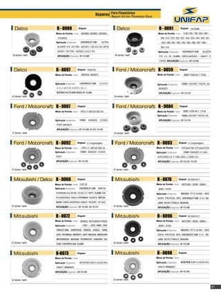 Reparos Para Planetárias
                                                                            Repair kit for Planetary Gear


   Delco               R - 0089                    Original:                          Delco                    R - 0091                    Original: 10476598

                      Motor de Partida / Starter: 9000890, 9000891, 9000893,                                  Motor de Partida / Starter:     9 000 786 / 798 / 804 / 805 /
                        (PG260D)			                                                                               806 / 812 / 819 / 820 / 827 / 834 / 835 / 844 / 850 / 851
                      Aplicação / Application:       CHEVROLET-GM:        ASTRA;                                  / 853 / 860 / 861 / 862 / 863 / 864 / 866 / 867 / 899 /
                       BLAZER; S10; VECTRA - II(SOHC) 1.8/2.0/2.2 8V, APÓS                                        900 / 910
                       03/2001; VECTRA - II(DOHC) 2.0/2.2 16V                                                 Aplicação / Application:       Chevrolet-GM:          BLAZER/
 50 dentes / teeth     APLICAÇÃO / Application: UF-14.368	                          48 dentes / teeth          S10 4.3 V6, Clark: EMPILHADEIRA / FORKLIFT C/
                                                                                                               CGP25. aplicação / Application: uf-14.910


  Delco               R - 0097                   Original: 10450720                   Ford / Motorcraft R - 0059                          Original:

                     Motor de Partida / Starter:      8000034, 9000973                                       Motor de Partida / Starter:      96BB 11000-AA 7.119 BI


                     Aplicação / Application:       CHEVROLET-GM:        BLAZER/                             Aplicação / Application:       FORD: ESCORT, FIESTA, KA,
                      S-10 c/ MOTOR VORTEC V6 4.3                                                             MONDEO
                      REPARO DA PLANETÁRIA UF-14.890                                                          APLICAÇÃO / Application: UF-13.119	
43 dentes / teeth                                                                  45 dentes / teeth
                                                                                                              	


  Ford / Motorcraft R - 0067                     Original:                            Ford / Motorcraft R - 0084                          Original:

                     Motor de Partida / Starter:     F8TU-11.000 DD 9251-AI                                  Motor de Partida / Starter:      96BB 11000-AA 7, 119 BI
                                                                                                             Aplicação / Application:       FORD: ESCORT, FIESTA, KA
                     Aplicação / Application:       Ford:      Ranger,   Ecoes-                               APLICAÇÃO / Application: UF-13.119	
                      port, bronco                                                                            	
                      APLICAÇÃO / Application: UF-13.120/ 13.121/ 13.122
37 dentes / teeth                                                                  45 dentes / teeth



  Ford / Motorcraft R - 0092                     Original: c/ 4 engrenagens         Ford / Motorcraft R - 0093                           Original: c/ 3 engrenagens

                     Motor de Partida / Starter:      F8TU-11. 000 DD 9251-AI                               Motor de Partida / Starter:     F07UAA716A, F2TUAA7C27A
                     Aplicação / Application:        Ford: Ranger, Ecoes-                                   Aplicação / Application:       	 Ford: Ranger 4.0 gas. ,
                      port.                                                                                  Explorer 4.0, F-1000 (gas.), F-4000 4.9 l.
                      APLICAÇÃO / Application: UF-13.120                                                     APLICAÇÃO / Application: UF-13.121/ 13.122


37 dentes / teeth                                                                  37 dentes / teeth



  Mitsubishi / Delco R - 0066                    Original:                          Mitsubishi               R - 0070                    Original: M135X01571

                     Motor de Partida / Starter: CGP 25                                                     Motor de Partida / Starter:     MOTO081 / 80381 / 80881 /
                     Aplicação / Application:       CHEVROLET-GM: OMEGA/                                      80981 / 81091
                      SUPREMA GLS 95-98, CD 6CC 4.1 MPFI, CLARK: EM-                                        Aplicação / Application:       MAZDA: FP13-18-X56 – MXS
                      PILHADEIRAS/ FORKLIFT, HYUNDAI: SONATA, MITSU-                                         MIATA, PROTEGE, MPV, Chevrolet-GM: S-10, Vo-
                      BISHI: EMPILHADEIRAS/ FORKLIFT, PAJERO V6 GAS.                                         lare: micro ônibus, Nissan
43 dentes / teeth     APLICAÇÃO / Application: UF-15.101, uf-14.711                42 dentes / teeth
                                                                                                             APLICAÇÃO / Application: uf-15.100


  Mitsubishi          R - 0072                   Original:                          Mitsubishi               R - 0096                    Original: M135X01571

                     Motor de Partida / Starter:     MANDO, MITSUBISHI PMGR                                 Motor de Partida / Starter:     MOTO081 / 80381 / 80881 /
                     Aplicação / Application:       	 (1985 – 2000) AMC, CHE-                                 80981 / 81091
                      VROLET-GM, CHRYSLER, DODGE, EAGLE, FORD,                                              Aplicação / Application:       MAZDA: FP13-18-X56 – MXS
                      GEO, HYUNDAI, INFINITI, JEEP, MAZDA, MERCURY,                                          MIATA, PROTEGE, MPV, Chevrolet-GM: S-10 , Vo-
                      MITSUBISHI, NISSAN, PLYMOUTH, SUBARU, SU-                                              lare: micro ônibus, Nissan
43 dentes / teeth     ZUKI, CATERPILLAR, CLARK                                     42 dentes / teeth         APLICAÇÃO / Application: uf-15.100



  Mitsubishi          R-0073                     Original:                          Mitsubishi               R - 0098                    Original:

                     Motor de Partida / Starter:                                                            Motor de Partida / Starter:

                     Aplicação / Application:       HYSTER:EMPILHADEIRA/                                    Aplicação / Application:       HYSTER:empilhadeira/

                      FORKLIFT, RENAULT                                                                      forklift, RENAULT

                     APLICAÇÃO / Application: UF-15.104                                                      APLICAÇÃO / Application: UF-15.104


42 dentes / teeth                                                                  42 dentes / teeth


                                                                                                                                                                              61
 