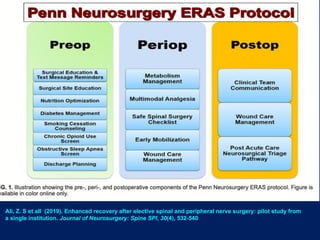 Ali, Z. S et all (2019). Enhanced recovery after elective spinal and peripheral nerve surgery: pilot study from
a single institution. Journal of Neurosurgery: Spine SPI, 30(4), 532-540
 