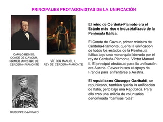 VÍCTOR MANUEL II,
REY DE CERDEÑA-PIAMONTE
CAMILO BENSO,
CONDE DE CAVOUR,
PRIMER MINISTRO DE
CERDEÑA- PIAMONTE
GIUSEPPE GARIBALDI
PRINCIPALES PROTAGONISTAS DE LA UNIFICACIÓN
El reino de Cerdeña-Piamote era el
Estado más rico e industrializado de la
Península Itálica.
El Conde de Cavour, primer ministro de
Cerdeña-Piamonte, quería la unificación
de todos los estados de la Península
Itálica bajo una monarquía liderada por el
rey de Cerdeña-Piamonte, Víctor Manuel
II. El principal obstáculo para la unificación
era Austria. Cavour buscó el apoyo de
Francia para enfrentarse a Austria.
El republicano Giuseppe Garibaldi, un
republicano, también quería la unificación
de Italia, pero bajo una República. Para
ello creó una milicia de voluntarios
denominada “camisas rojas”.
 