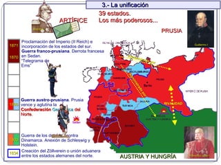 3.- La unificación  ARTÍFICE 1834 1863 1866 1870 1871 Creación del Zöllverein o unión aduanera entre los estados alemanes del norte. Guerra de los ducados contra Dinamarca. Anexión de Schleswig y Holstein. Guerra austro-prusiana . Prusia vence y aglutina la  Confederación   Germánica   del Norte. “ Telegrama de Ems” Proclamación del Imperio (II Reich) e incorporación de los estados del sur. 39 estados. Los más poderosos... PRUSIA AUSTRIA Y HUNGRÍA Guerra franco-prusiana . Derrota francesa en Sedan. Bismark Francisco José I Sadowa Sedan RIVALIDAD Guillermo I Administrado por Administrado por 