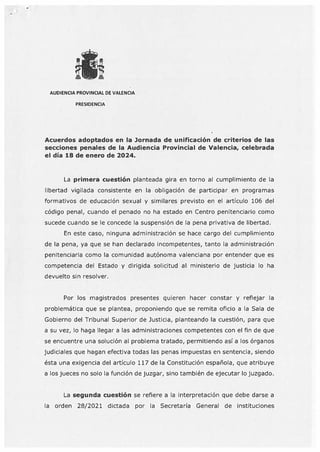 Unificación Criterios Secciones Penales AP Valencia de 18/1/2024