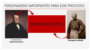 PERSONAGENS IMPORTANTES PARA ESSE PROCESSO.
Camilo Benso,
Conde de Cavour.
Giuseppe Garibaldi
MONARQUISTA
REPUBLICANO
 