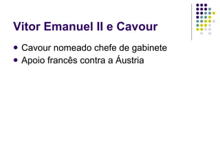Vitor Emanuel II e Cavour Cavour nomeado chefe de gabinete Apoio francês contra a Áustria 