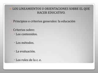 Tipo de sociedad.La base teórica: son las teorías científicas que aportan las áreas relacionadas con la educación: la sicología, antropología, la sociología, la neurología, las escuelas pedagógicas y la experiencia sistematizada.La información sobre el contexto.
