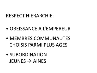 RESPECT HIERARCHIE:

• OBEISSANCE A L’EMPEREUR
R

• MEMBRES COMMUNAUTES
  CHOISIS PARMI PLUS AGES
R

• SUBORDINATION
  JEUNES → AINES
 