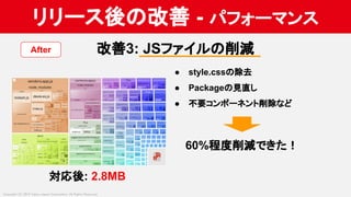 Copyright (C) 2019 Yahoo Japan Corporation. All Rights Reserved.
リリース後 改善 - パフォーマンス
改善3: JSファイル 削減
● style.css 除去
● Packag...