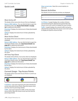 21
Chapter 4: Statistics TabUniFi®
Controller User Guide
Ubiquiti Networks, Inc.
Quick Look
Most Active AP
The details of the most active Access Point are displayed:
Name or MAC address  You can click this link to open the
AP Details screen. See “Access Point Details” on page
32 for additional information.
Download  Displays the total amount of data downloaded
by the AP.
Upload  Displays the total amount of data uploaded by
the AP.
Most Active Client
The details of the most active client in current use are
displayed:
Name or MAC address  You can click this link to open the
User/Guest Details screen. See “User/Guest Details” on
page 43 for additional information.
Download  Displays the total amount of data downloaded
by the client.
Upload  Displays the total amount of data uploaded by
the client.
All-Time Top Client
The details of the all-time, most active client are displayed:
Name or MAC address  You can click this link to open the
User/Guest Details screen. See “User/Guest Details” on
page 43 for additional information.
Download  Displays the total amount of data downloaded
by the client.
Upload  Displays the total amount of data uploaded by
the client.
Current Usage - Top Access Points
The details of the most active Access Points in current use
are displayed.
# of Clients  A pie chart represents the client distribution
on the most active Access Points. Place the mouse cursor
over the chart for percentage details.
Traffic  A pie chart represents traffic on the most active
Access Points. Place the mouse cursor over the chart for
percentage details.
Clear current stats  Reset the current statistics to
start over.
Recent Activities
The details of recent network activities are displayed.
# of Clients  A graph displays the number of clients
connected during the selected time period. Place the
mouse cursor over a point to display the exact number.
Traffic  A graph displays the network traffic during the
selected time period. Place the mouse cursor over a point
to display the specific amount of data.
 
