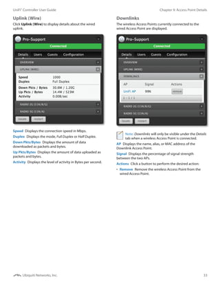 33
Chapter 9: Access Point DetailsUniFi®
Controller User Guide
Ubiquiti Networks, Inc.
Uplink (Wire)
Click Uplink (Wire) to display details about the wired
uplink.
Speed  Displays the connection speed in Mbps.
Duplex  Displays the mode, Full Duplex or Half Duplex.
Down Pkts/Bytes  Displays the amount of data
downloaded as packets and bytes.
Up Pkts/Bytes  Displays the amount of data uploaded as
packets and bytes.
Activity  Displays the level of activity in Bytes per second.
Downlinks
The wireless Access Points currently connected to the
wired Access Point are displayed.
Note: Downlinks will only be visible under the Details
tab when a wireless Access Point is connected.
AP  Displays the name, alias, or MAC address of the
Downlink Access Point.
Signal  Displays the percentage of signal strength
between the two APs.
Actions  Click a button to perform the desired action:
•	 Remove  Remove the wireless Access Point from the
wired Access Point.
 
