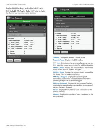34
Chapter 9: Access Point DetailsUniFi®
Controller User Guide
Ubiquiti Networks, Inc.
Radio 2G (11n/b/g) or Radio 5G (11n/a)
Click Radio 2G (11n/b/g) or Radio 5G (11n/a) to display
the channel and transmit/receive statistics.
Channel  Displays the wireless channel in use.
Transmit Power  Displays the EIRP in dBm.
Note: If the device has an external antenna, you can
place the mouse over the icon for additional details.
TX Pkts / Bytes  Displays the amount of data transmitted
by the Access Point as packets and bytes.
RX Pkts / Bytes  Displays the amount of data received by
the Access Point as packets and bytes.
TX Retry / Dropped  Displays the percentage of
transmitted packets that needed to be resent and the
percentage of packets that were dropped.
RX Error / Dropped  Displays the percentage of packets
received that needed to be resent and the percentage of
packets that were dropped.
# Users  Displays the number of users connected to the
primary network.
# Guests  Displays the number of users connected to the
guest network.
 
