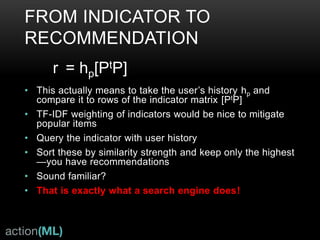 THE UNIVERSAL RECOMMENDER
AKA THE WHOLE ENCHILADA
“Universal” means one query on all correlators at once
Once indicators are indexed as search fields this entire
equation is a single query
Fast!
r = (PtP)hp + (PtV)hv + (PtC)hc + …
(TTt)ht + l*L …
 