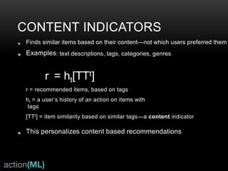 POLISH THE APPLE
• Dithering for auto-optimize via explore-exploit:
Randomize some returned recs, if they are acted upon they become
part of the new training data and are more likely to be recommended
in the future
• Visibility control:
• Don’t show dups, blacklist items already shown
• Filter items the user has already seen
• Zero-downtime Deployment: deploy prediction server
once then hot-swap new index when ready.
• Generate some intrinsic indicators like hot, popular—
helps solve the “cold-start” problem
• Asymmetric train vs query—query with most recent user
data, train on all historical data
 