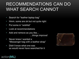 ANATOMY OF A RECOMMENDATION
PERSONALIZED
r = recommendations
hp = a user’s history of some action
(purchase for instance)
P = the history of all users’ primary action
rows are users, columns are items
(PtP) = compares column to column using
log-likelihood based correlation test
r = (PtP)hp
 