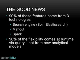 LLR AND SIMILARITY METRICS
PRECISION (MAP@K)
Higher is better
MAP@1 MAP@2 MAP@3 MAP@4 MAP@5 MAP@6 MAP@7 MAP@8 MAP@9 MAP@10
Similarity Metrics
Mean Average Precision
Mahout Cooccurrence Recommender with E-Commerce Data
Cosine Tanimoto Log-likelihood
 