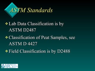 ASTM Standards Lab Data Classification is by ASTM D2487  Classification of Peat Samples, see ASTM D 4427 Field Classification is by D2488 
