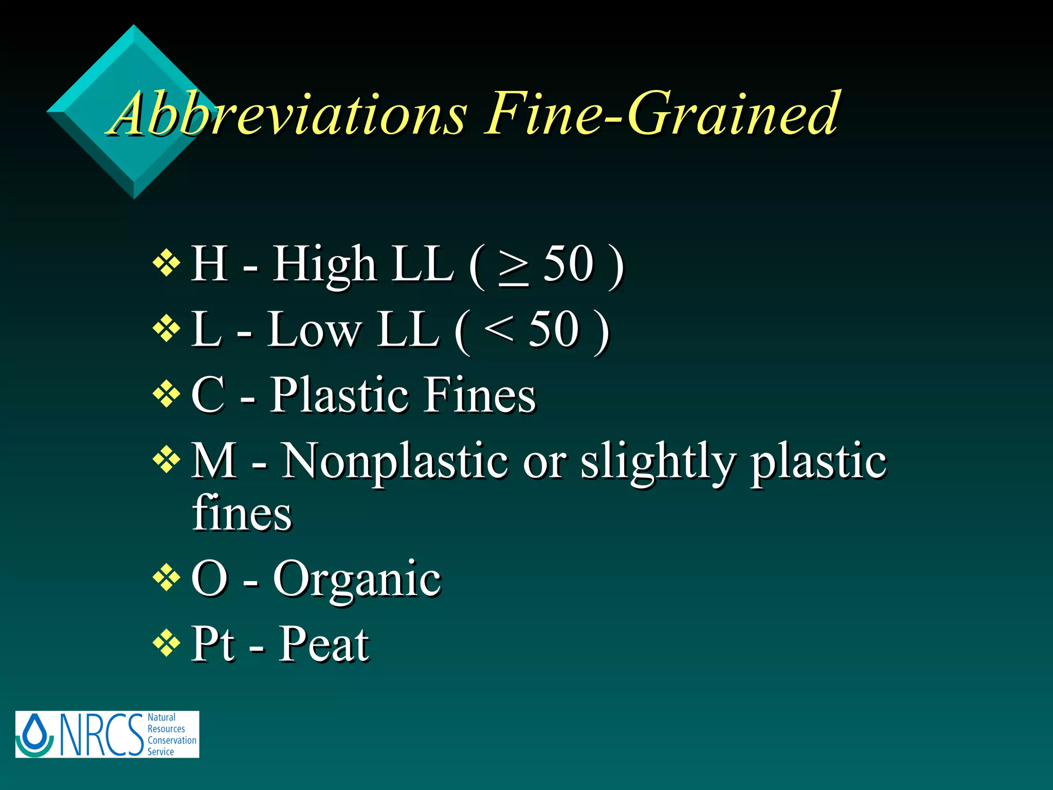 Abbreviations Fine-Grained H - High LL (  >  50 )  L - Low LL ( < 50 )  C - Plastic Fines M - Nonplastic or slightly plastic fines O - Organic Pt - Peat 