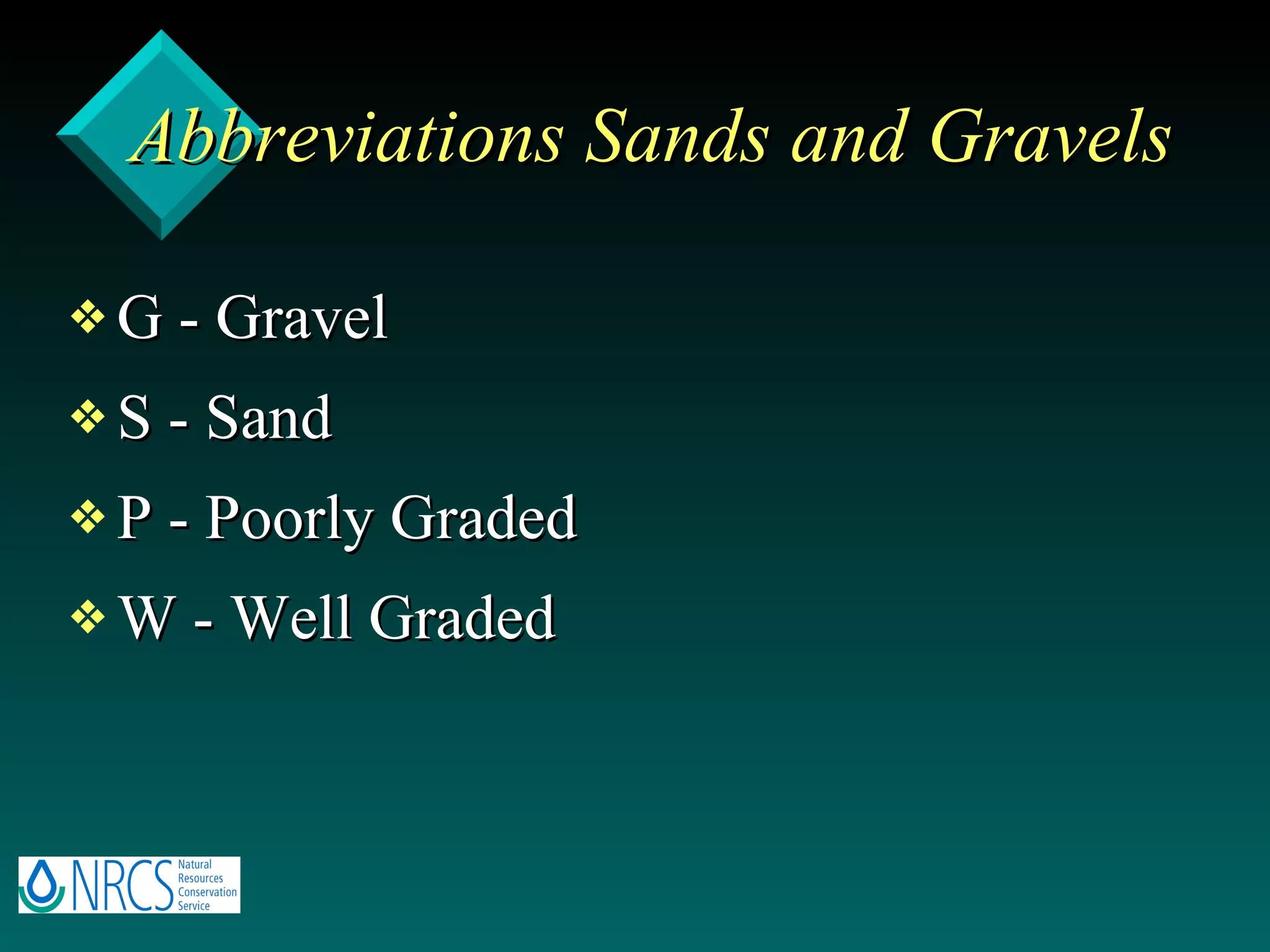 Abbreviations Sands and Gravels G - Gravel S - Sand P - Poorly Graded W - Well Graded 
