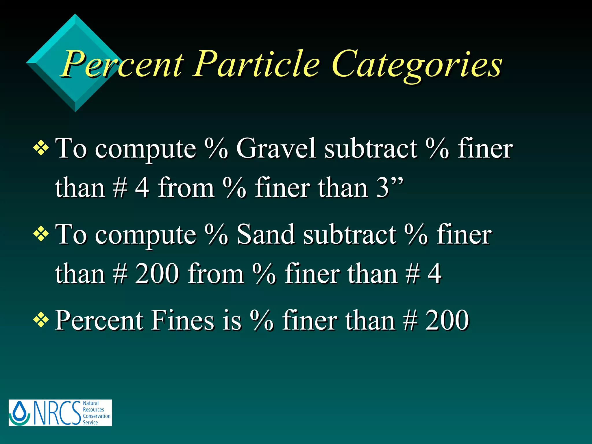 Percent Particle Categories To compute % Gravel subtract % finer than # 4 from % finer than 3” To compute % Sand subtract % finer than # 200 from % finer than # 4 Percent Fines is % finer than # 200 