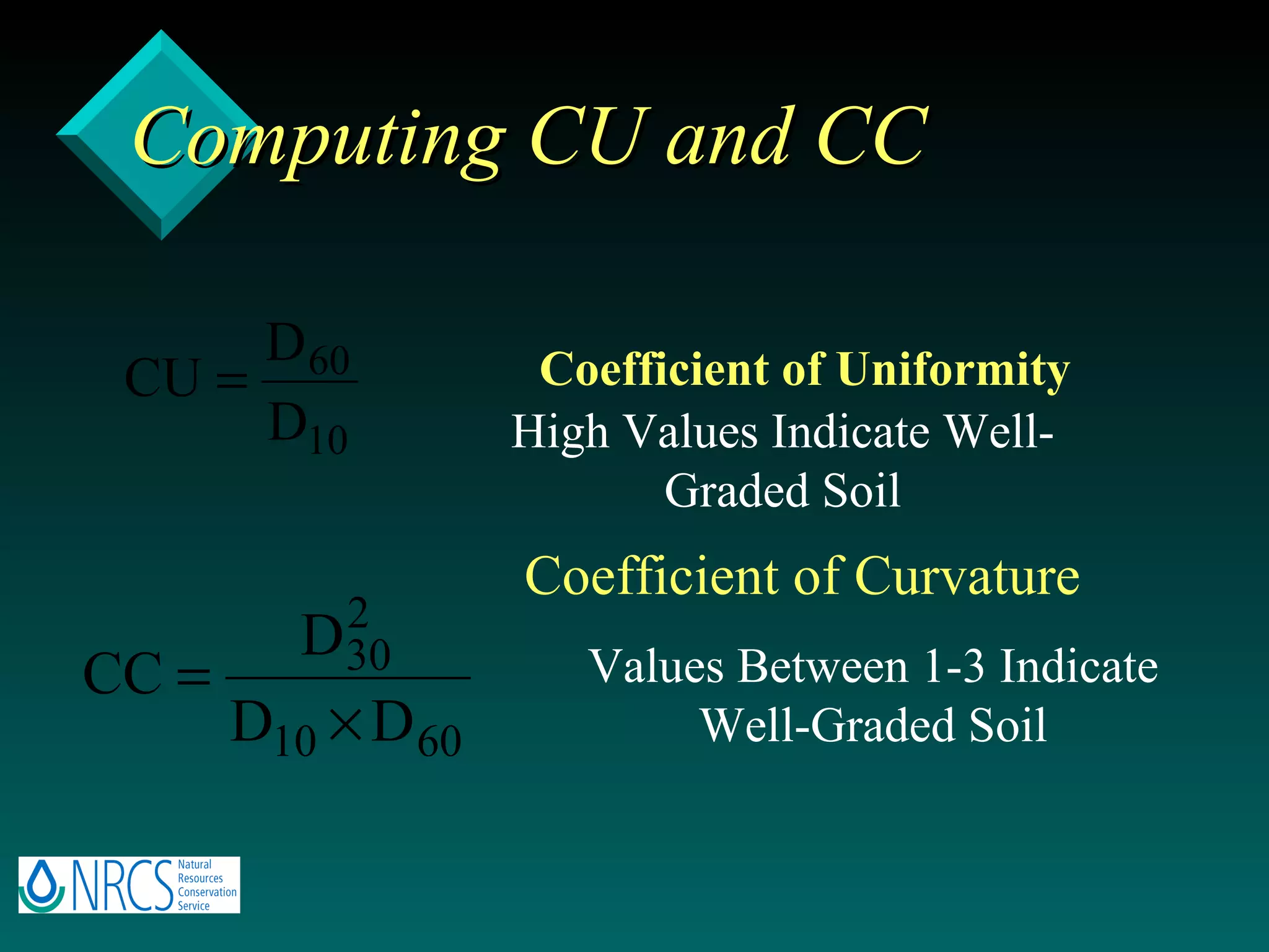 Computing CU and CC Coefficient of Uniformity Coefficient of Curvature High Values Indicate Well-Graded Soil Values Between 1-3 Indicate Well-Graded Soil 