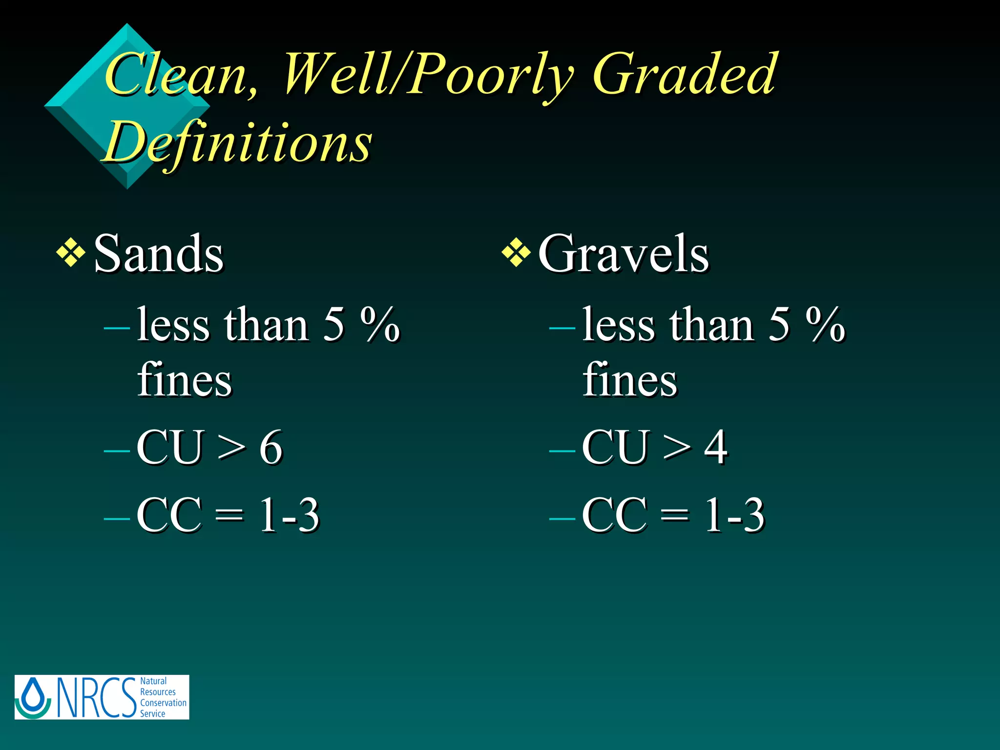 Clean, Well/Poorly Graded Definitions Sands less than 5 % fines CU > 6 CC = 1-3 Gravels less than 5 % fines  CU > 4 CC = 1-3 