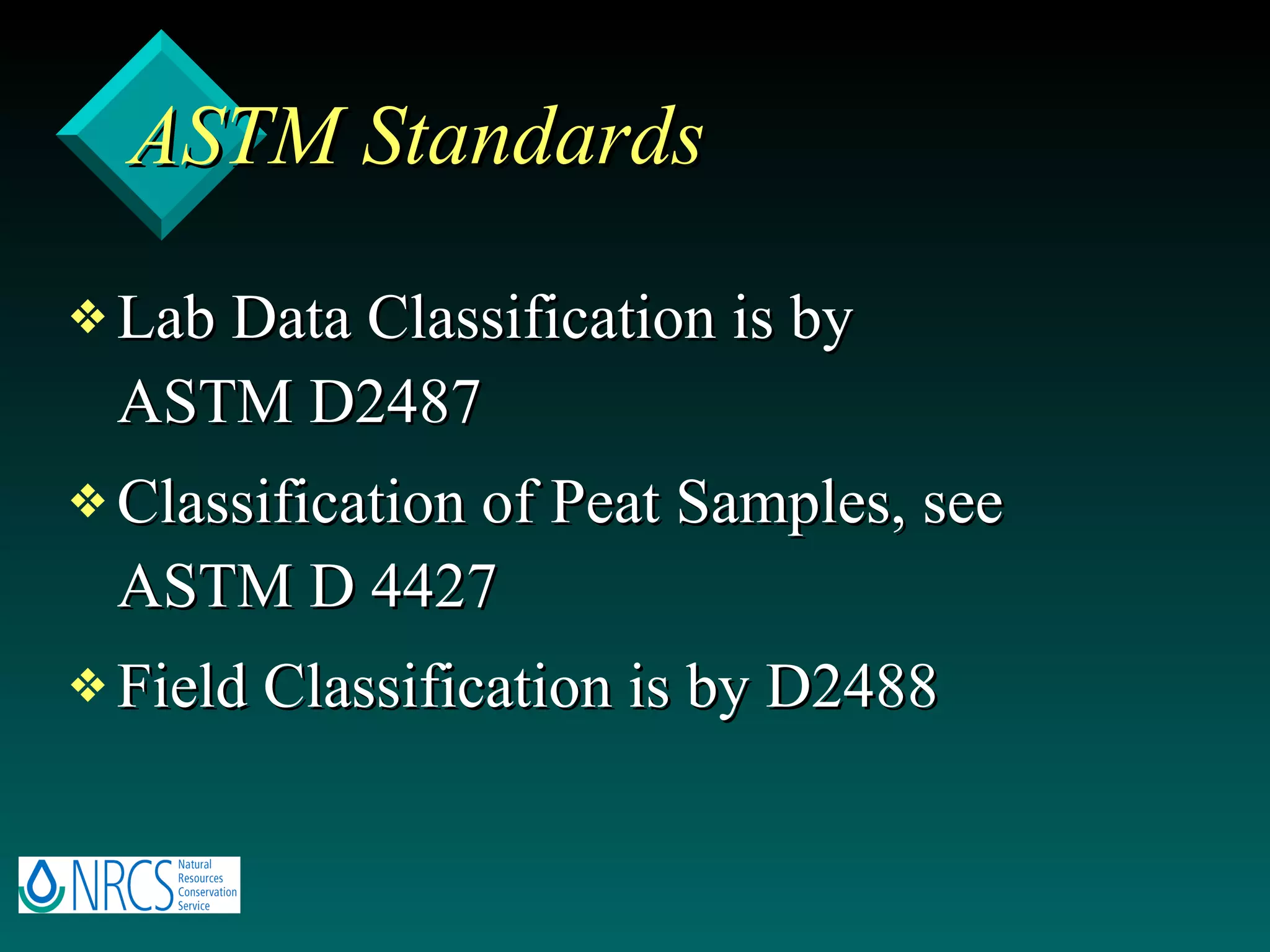 ASTM Standards Lab Data Classification is by ASTM D2487  Classification of Peat Samples, see ASTM D 4427 Field Classification is by D2488 