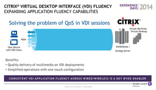 17 
COPYRIGHT © 2014 ALCATEL-LUCENT. ALL RIGHTS RESERVED. 
User Device with VDI Client 
XenDesktop / 
XenApp Server 
Video 
Voice 
Oracle 
SAP 
Email 
Virtual Machines – Virtual Desktop 
CITRIX® VIRTUAL DESKTOP INTERFACE (VDI) FLUENCY EXPANDING APPLICATION FLUENCY CAPABILITIES 
Solving the problem of QoS in VDI sessions 
CONSISTENT VDI APPLICATION FLUENCY ACROSS WIRED/WIRELESS IS A KEY BYOD ENABLER 
Benefits: 
•Quality delivery of multimedia on VDI deployments 
•Simplified operations with one touch configuration 
Apps  