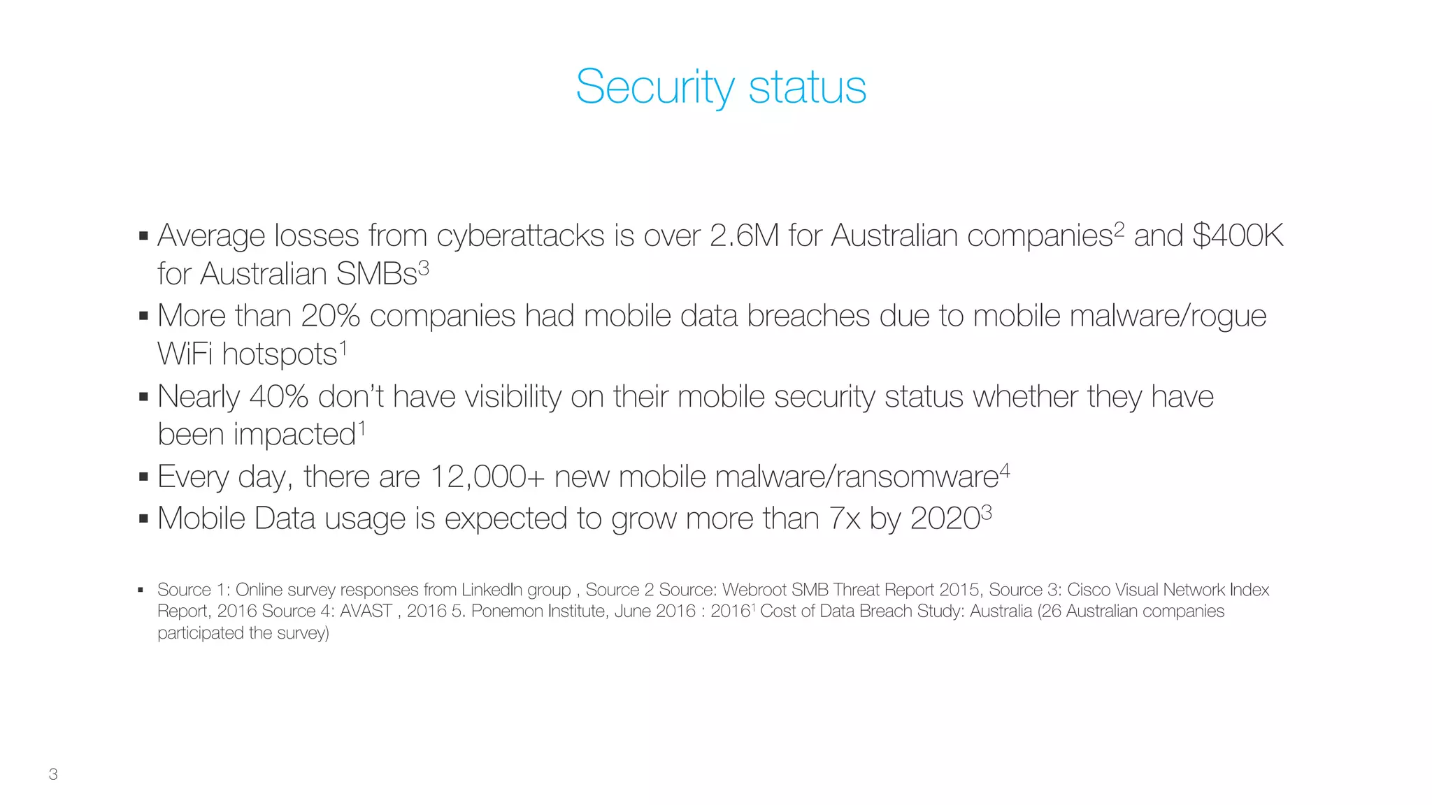 Security status
§ Average losses from cyberattacks is over 2.6M for Australian companies2 and $400K
for Australian SMBs3
§ More than 20% companies had mobile data breaches due to mobile malware/rogue
WiFi hotspots1
§ Nearly 40% don’t have visibility on their mobile security status whether they have
been impacted1
§ Every day, there are 12,000+ new mobile malware/ransomware4
§ Mobile Data usage is expected to grow more than 7x by 20203
§ Source 1: Online survey responses from LinkedIn group , Source 2 Source: Webroot SMB Threat Report 2015, Source 3: Cisco Visual Network Index
Report, 2016 Source 4: AVAST , 2016 5. Ponemon Institute, June 2016 : 20161 Cost of Data Breach Study: Australia (26 Australian companies
participated the survey)
3
 