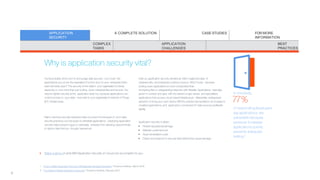 Why is application security vital?
You’ve probably done a lot to encourage data security—but could the
applications you run be the equivalent of a front door to your enterprise that’s
been left wide open? The security of the data in your organisation’s hands
depends on a lot more than just locking down individual files and records. You
need to tighten security at the application level, too, because applications can
control access to your data—and even to your organisation’s Internet of Things
(IoT) infrastructure.
Many notorious security breaches have occurred not because of poor data
security practices, but because of vulnerable applications. Deploying application
security helps prevent rogue or vulnerable software from allowing cybercriminals
to siphon data that you thought wassecure.
Even so, application security remains an often-neglected area of
cybersecurity,1 and breaches continue tooccur. Why? In part, because
locking down applications is more complicated than
encrypting files or safeguarding networks with firewalls. Applications have also
grown in number and type, with the advent of app stores and specialised
applications that access cloud-basedinfrastructure. Meanwhile, widespread
adoption of bring-your-own-device (BYOD) policies has resulted in an increase in
unvetted applications, and application-connected IoT data sources proliferate
rapidly.
Application security is vitalto:
• Prevent reputational damage
• Maintain customertrust
• Avoid remediationcosts
• Detect and respond to security risks before they cause damage
Watch a demo of what IBM Application Security on Cloud can accomplish for you.
1 “How to Make Application Security a Strategically Managed Discipline,” Ponemon Institute, March 2016.
2 “The State of Mobile Application Insecurity,” Ponemon Institute, February 2015.
In one study,
77%
of respondingdevelopers
say applications are
vulnerable because
pressure to release
applications quickly
prevents adequate
testing.2
APPLICATION
SECURITY
A COMPLETE SOLUTION CASE STUDIES FOR MORE
INFORMATION
COMPLEX
TASKS
APPLICATION
CHALLENGES
BEST
PRACTICES
8
 