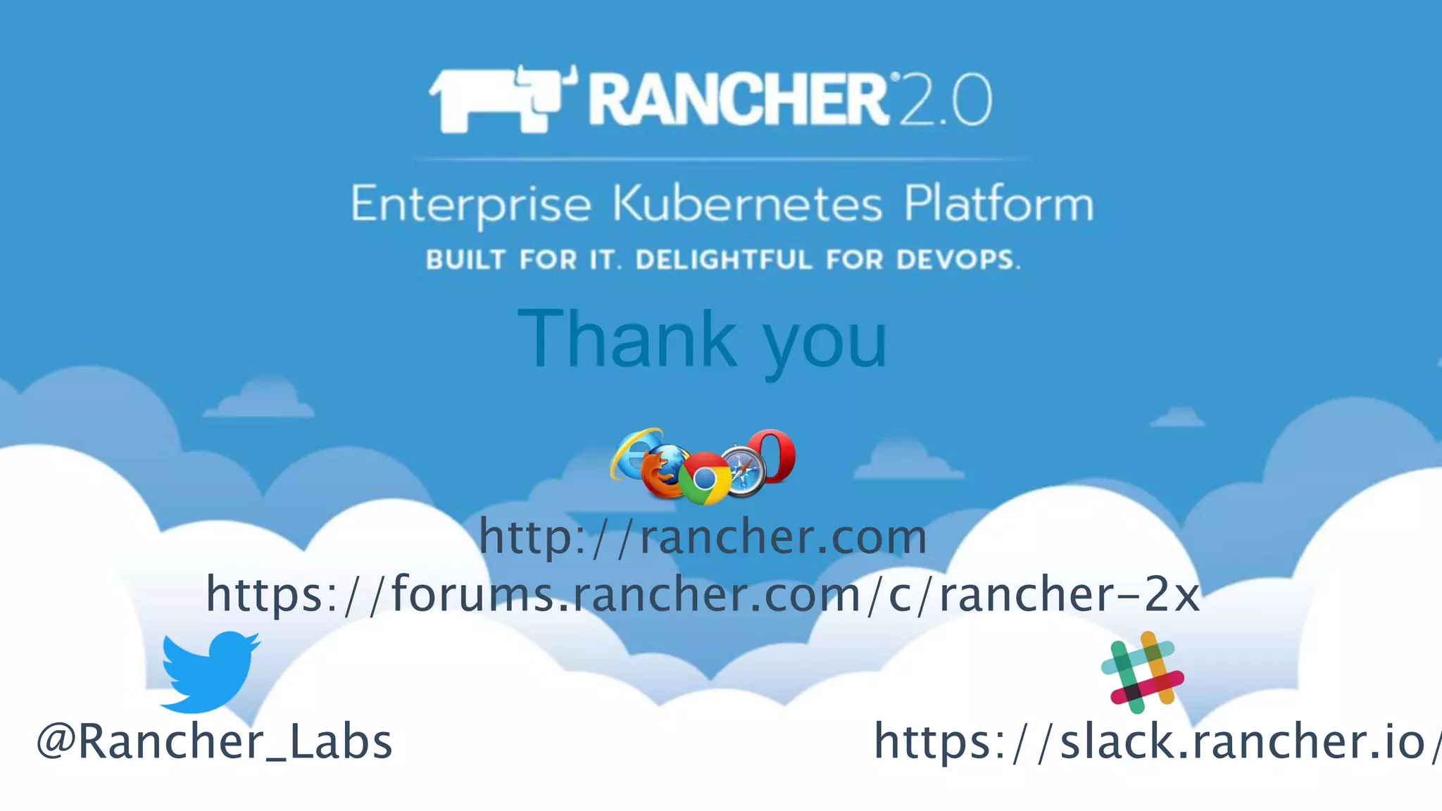 Thank you
@Rancher_Labs https://slack.rancher.io/
http://rancher.com
https://forums.rancher.com/c/rancher-2x
 