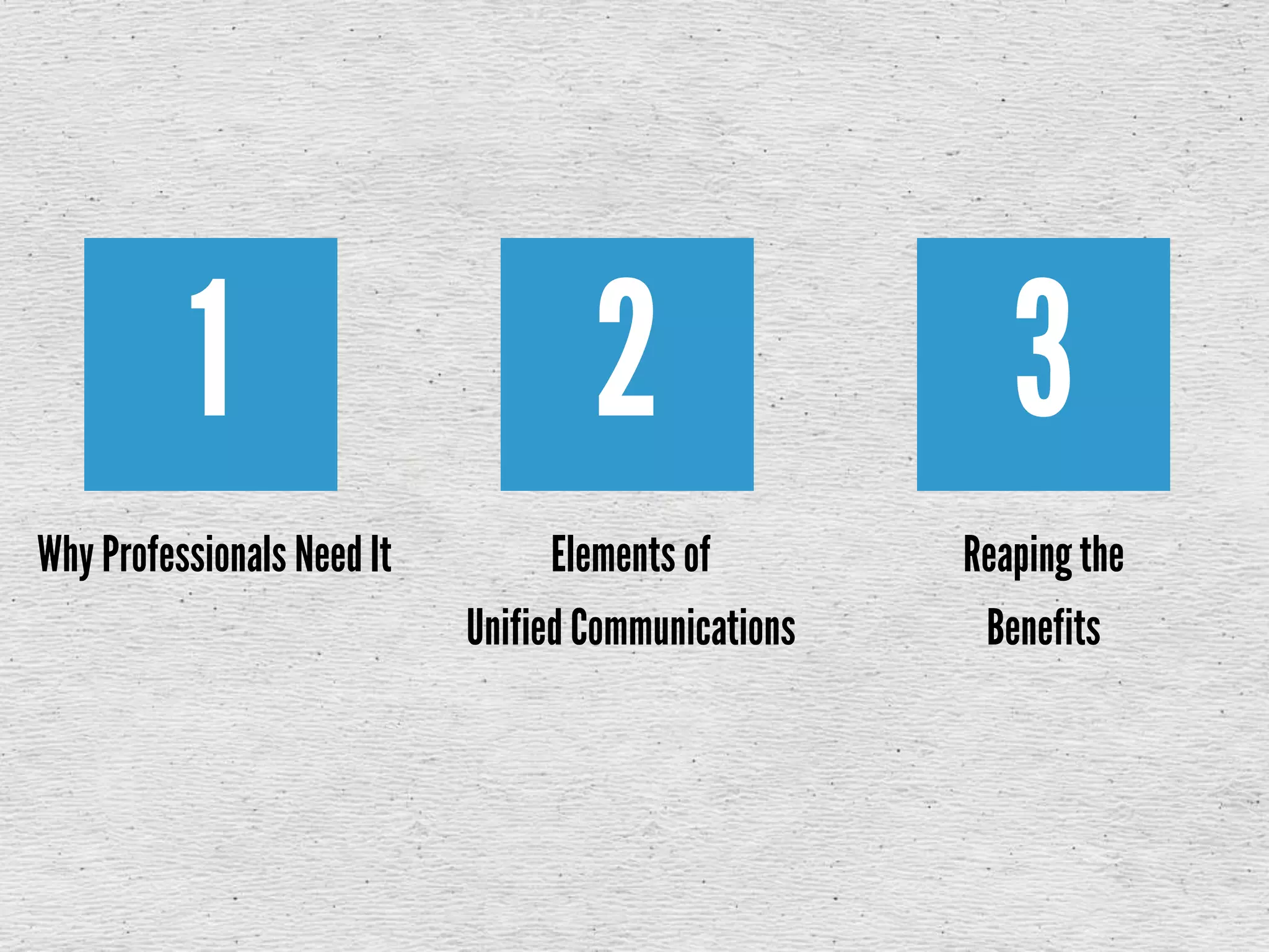 1 2 3
Why Professionals Need It Elements of
Unified Communications
Reaping the
Benefits