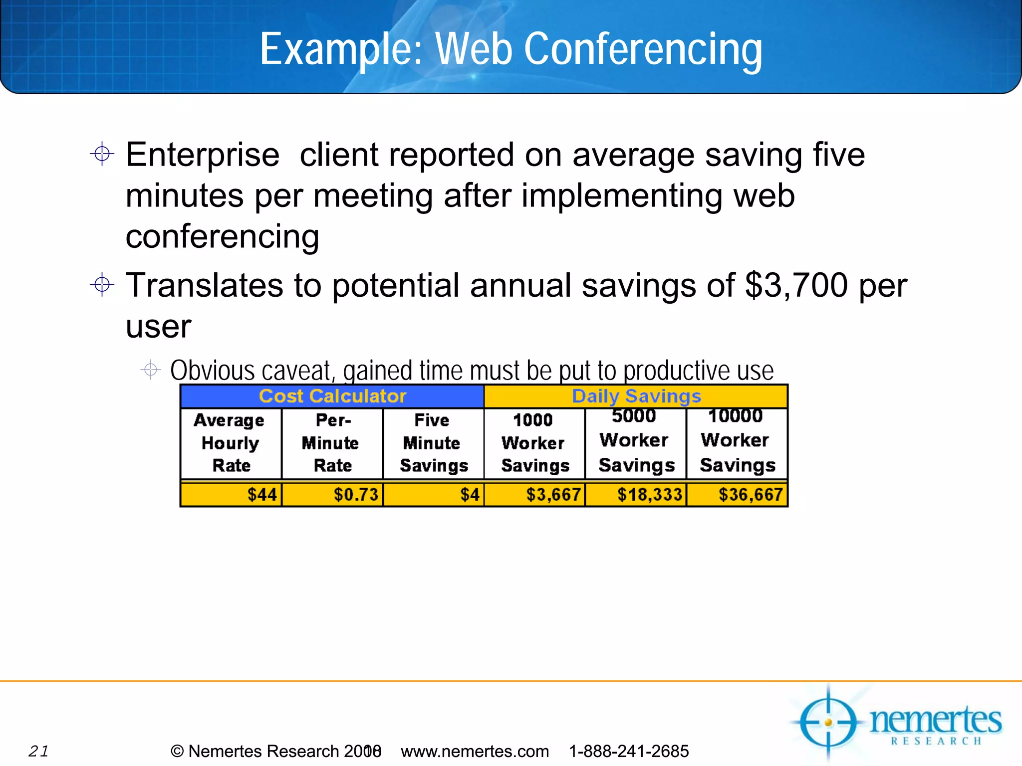 Example: Web Conferencing

     Enterprise client reported on average saving five
     minutes per meeting after implementing web
     conferencing
     Translates to potential annual savings of $3,700 per
     user
       Obvious caveat, gained time must be put to productive use




21      © Nemertes Research 2010
                            2008   www.nemertes.com   1-888-241-2685
 