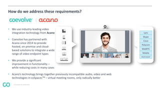 © Coevolve Pty Limited 2015
How do we address these requirements?
• We use industry-leading video
integration technology from Acano
• Coevolve has partnered with
Acano since 2014 to provide
hosted, on-premise and cloud-
based solutions to integrate a wide
range of video endpoint types
• We provide a significant
improvement in functionality –
while reducing costs in many cases VIDEO – AUDIO – CONTENT – IM
• Acano’s technology brings together previously incompatible audio, video and web
technologies in coSpacesTM – virtual meeting rooms, only radically better
Lync
Skype
Cisco
Polycom
WebRTC
Mobile
And more!
 