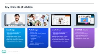 © Coevolve Pty Limited 2015
Key elements of solution
Video Bridge
• Seamlessly connect Lync and
otherwise incompatible
endpoints
• Bidirectional content sharing
• Lync buddy list integration
• Large scale conference capability
• Skype audio and video support
Audio Bridge
• Reduced costs
• Integrates with existing dial plan
• Customizable:
• Multiple ways to join
• Thresholds
• DTMF
• IVR
• Scalable: 10,000 audio calls
• Detailed reporting
Lync Gateway
• Seamlessly connect Lync and
otherwise incompatible
endpoints
• Bidirectional content sharing
• Lync buddy list integration
• Large scale conference capability
• Skype audio and video support
WebRTC & Browser
• Anyone can join
• Chrome, Firefox, Opera
• Internet Explorer, Safari
• Bidirectional content
• Guest access or User login
 