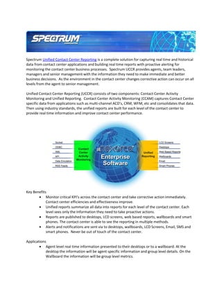 Spectrum Unified Contact Center Reporting is a complete solution for capturing real time and historical
data from contact center applications and building real time reports with proactive alerting for
monitoring the contact center business processes. Spectrum UCCR provides agents, team leaders,
managers and senior management with the information they need to make immediate and better
business decisions. As the environment in the contact center changes corrective action can occur on all
levels from the agent to senior management.

Unified Contact Center Reporting (UCCR) consists of two components: Contact Center Activity
Monitoring and Unified Reporting. Contact Center Activity Monitoring (CCAM) captures Contact Center
specific data from applications such as multi-channel ACD’s, CRM, WFM, etc and consolidates that data.
Then using industry standards, the unified reports are built for each level of the contact center to
provide real time information and improve contact center performance.




Key Benefits
       • Monitor critical KPI’s across the contact center and take corrective action immediately.
            Contact center efficiencies and effectiveness improve.
       • Unified reports summarize all data into reports for each level of the contact center. Each
            level sees only the information they need to take proactive actions.
       • Reports are published to desktops, LCD screens, web based reports, wallboards and smart
            phones. The contact center is able to see the reporting in multiple methods.
       • Alerts and notifications are sent via to desktops, wallboards, LCD Screens, Email, SMS and
            smart phones. Never be out of touch of the contact center.

Applications
        • Agent level real time information presented to their desktops or to a wallboard. At the
            desktop the information will be agent specific information and group level details. On the
            Wallboard the information will be group level metrics.
 