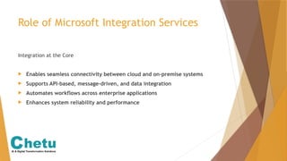 Role of Microsoft Integration Services
Integration at the Core
 Enables seamless connectivity between cloud and on-premise systems
 Supports API-based, message-driven, and data integration
 Automates workflows across enterprise applications
 Enhances system reliability and performance
 