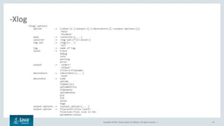 Copyright © 2017, Oracle and/or its affiliates. All rights reserved. | 10
-Xlog[:option]
option := [<what>][:[<output>][:[<decorators>][:<output-options>]]]
'help'
'disable'
what := <selector>[,...]
selector := <tag-set>[*][=<level>]
tag-set := <tag>[+...]
'all'
tag := name of tag
level := trace
debug
info
warning
error
output := 'stderr'
'stdout'
[file=]<filename>
decorators := <decorator>[,...]
'none'
decorator := time
uptime
timemillis
uptimemillis
timenanos
uptimenanos
pid
tid
level
tags
output-options := <output_option>[,...]
output-option := filecount=<file count>
filesize=<file size in kb>
parameter=value
-Xlog
 