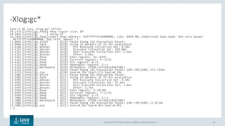 Copyright © 2017, Oracle and/or its affiliates. All rights reserved. | 24
bash-3.2$ java -Xlog:gc* GCTest
[0.233s][info][gc,heap] Heap region size: 1M
[0.383s][info][gc ] Using G1
[0.383s][info][gc,heap,coops] Heap address: 0xfffffffe50400000, size: 4064 MB, Compressed Oops mode: Non-zero based:
0xfffffffe50000000, Oop shift amount: 3
[3.064s][info][gc,start ] GC(0) Pause Young (G1 Evacuation Pause)
[3.064s][info][gc,task ] GC(0) Using 23 workers of 23 for evacuation
[3.420s][info][gc,phases ] GC(0) Pre Evacuate Collection Set: 0.2ms
[3.421s][info][gc,phases ] GC(0) Evacuate Collection Set: 348.0ms
[3.421s][info][gc,phases ] GC(0) Post Evacuate Collection Set: 6.2ms
[3.421s][info][gc,phases ] GC(0) Other: 2.8ms
[3.421s][info][gc,heap ] GC(0) Eden regions: 24->0(9)
[3.421s][info][gc,heap ] GC(0) Survivor regions: 0->3(3)
[3.421s][info][gc,heap ] GC(0) Old regions: 0->2
[3.421s][info][gc,heap ] GC(0) Humongous regions: 2->1
[3.421s][info][gc,metaspace ] GC(0) Metaspace: 4719K->4719K(1056768K)
[3.421s][info][gc ] GC(0) Pause Young (G1 Evacuation Pause) 26M->5M(256M) 357.743ms
[3.422s][info][gc,cpu ] GC(0) User=0.70s Sys=5.13s Real=0.36s
[3.648s][info][gc,start ] GC(1) Pause Young (G1 Evacuation Pause)
[3.648s][info][gc,task ] GC(1) Using 23 workers of 23 for evacuation
[3.699s][info][gc,phases ] GC(1) Pre Evacuate Collection Set: 0.3ms
[3.699s][info][gc,phases ] GC(1) Evacuate Collection Set: 45.6ms
[3.699s][info][gc,phases ] GC(1) Post Evacuate Collection Set: 3.4ms
[3.699s][info][gc,phases ] GC(1) Other: 1.7ms
[3.699s][info][gc,heap ] GC(1) Eden regions: 9->0(10)
[3.699s][info][gc,heap ] GC(1) Survivor regions: 3->2(2)
[3.699s][info][gc,heap ] GC(1) Old regions: 2->5
[3.700s][info][gc,heap ] GC(1) Humongous regions: 1->1
[3.700s][info][gc,metaspace ] GC(1) Metaspace: 4726K->4726K(1056768K)
[3.700s][info][gc ] GC(1) Pause Young (G1 Evacuation Pause) 14M->7M(256M) 51.872ms
[3.700s][info][gc,cpu ] GC(1) User=0.56s Sys=0.46s Real=0.05s
[…]
-Xlog:gc*
 