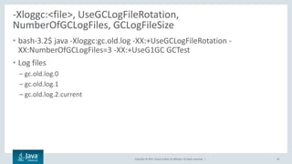 Copyright © 2017, Oracle and/or its affiliates. All rights reserved. |
-Xloggc:<file>, UseGCLogFileRotation,
NumberOfGCLogFiles, GCLogFileSize
• bash-3.2$ java -Xloggc:gc.old.log -XX:+UseGCLogFileRotation -
XX:NumberOfGCLogFiles=3 -XX:+UseG1GC GCTest
• Log files
– gc.old.log.0
– gc.old.log.1
– gc.old.log.2.current
34
 
