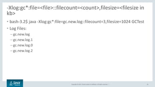 Copyright © 2017, Oracle and/or its affiliates. All rights reserved. |
-Xlog:gc*:file=<file>::filecount=<count>,filesize=<filesize in
kb>
• bash-3.2$ java -Xlog:gc*:file=gc.new.log::filecount=3,filesize=1024 GCTest
• Log Files:
– gc.new.log
– gc.new.log.1
– gc.new.log.0
– gc.new.log.2
35
 