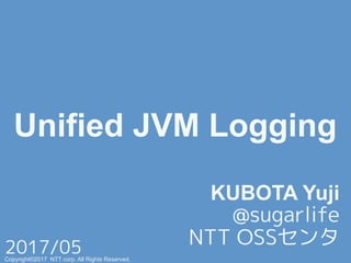 Unified JVM Logging!
KUBOTA Yuji
@sugarlife+
NTT OSSセンタ+
Copyright©2017 NTT corp. All Rights Reserved.+
2017/05+
 