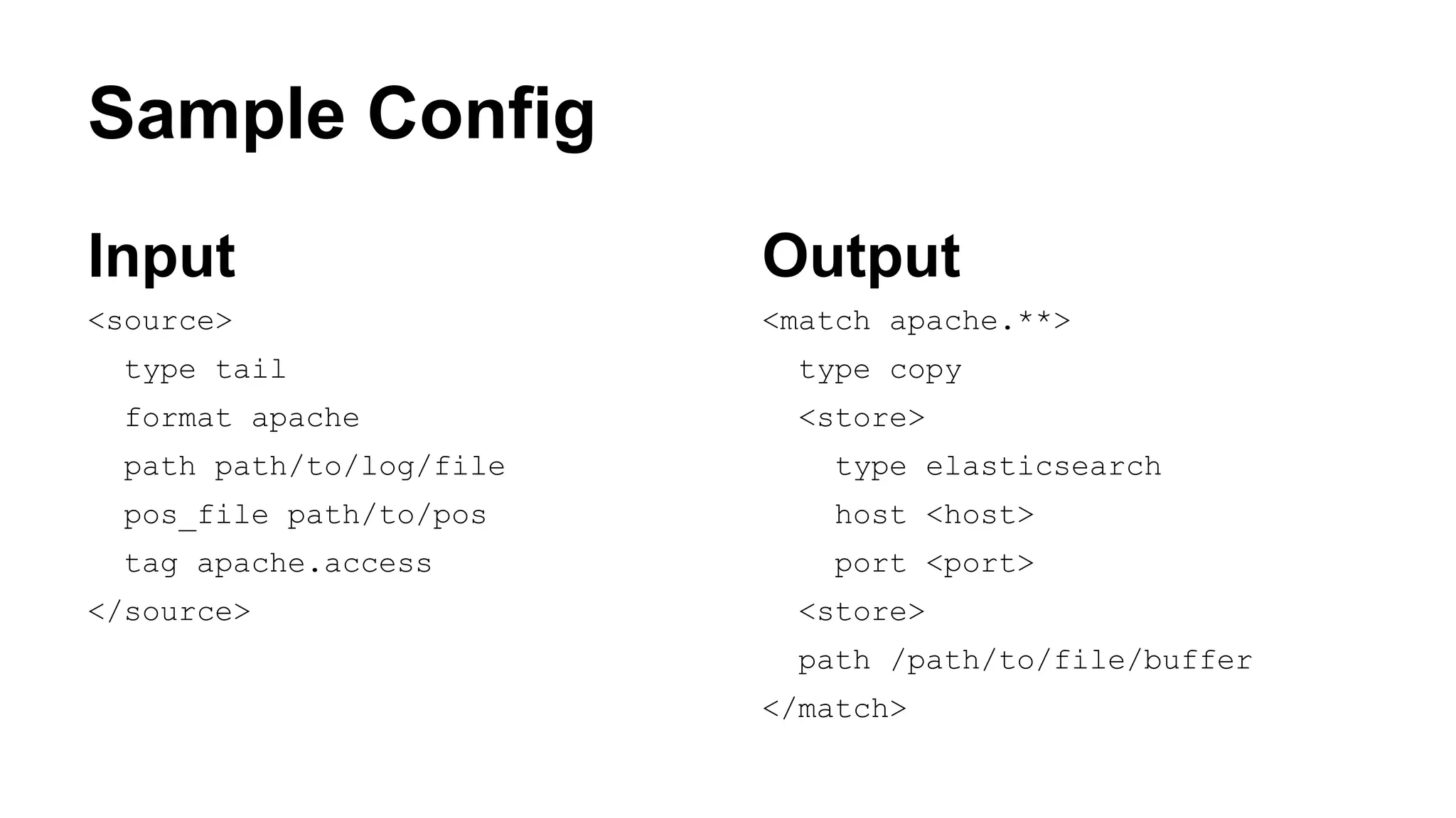 Sample Config Input <source> type tail format apache path path/to/log/file pos_file path/to/pos tag apache.access </source> Output <match apache.**> type copy <store> type elasticsearch host <host> port <port> <store> path /path/to/file/buffer </match> 