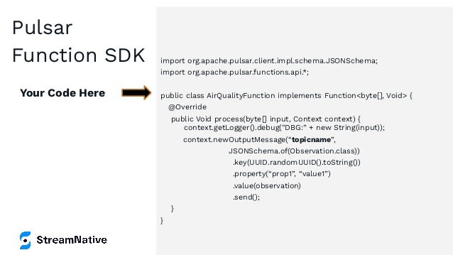 import org.apache.pulsar.client.impl.schema.JSONSchema;
import org.apache.pulsar.functions.api.*;
public class AirQualityFunction implements Function<byte[], Void> {
@Override
public Void process(byte[] input, Context context) {
context.getLogger().debug("DBG:” + new String(input));
context.newOutputMessage(“topicname”,
JSONSchema.of(Observation.class))
.key(UUID.randomUUID().toString())
.property(“prop1”, “value1”)
.value(observation)
.send();
}
}
Your Code Here
Pulsar
Function SDK
 