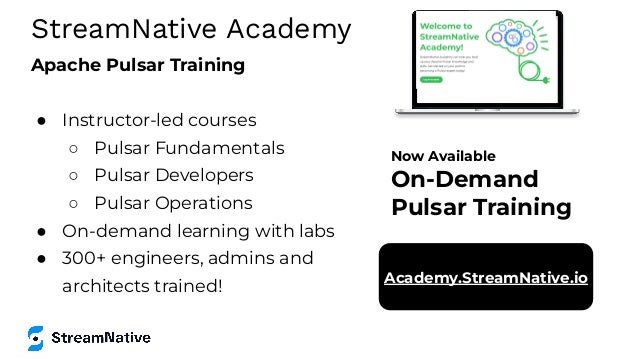 Apache Pulsar Training
● Instructor-led courses
○ Pulsar Fundamentals
○ Pulsar Developers
○ Pulsar Operations
● On-demand learning with labs
● 300+ engineers, admins and
architects trained!
StreamNative Academy
Now Available
On-Demand
Pulsar Training
Academy.StreamNative.io
 