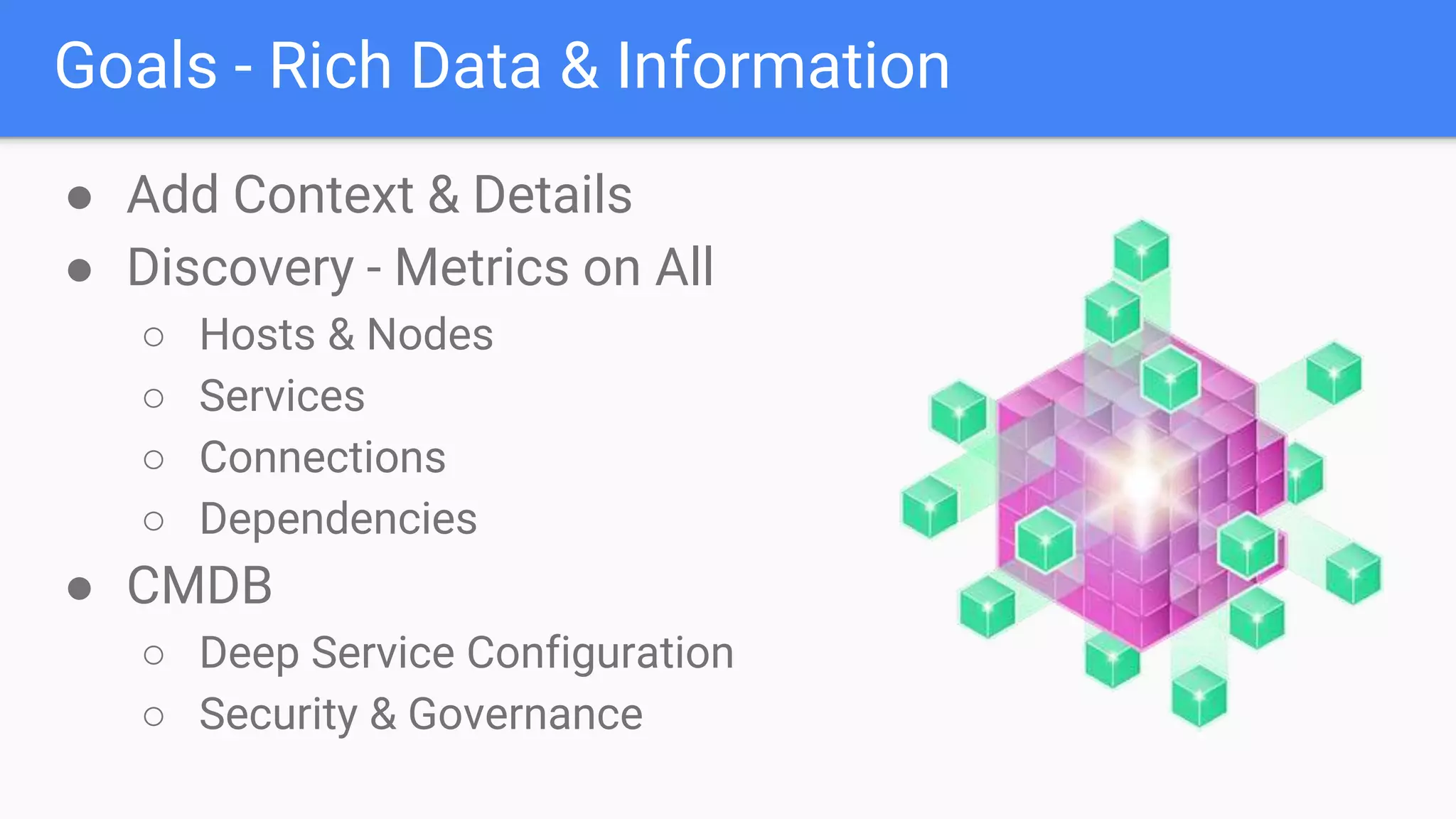 Goals - Rich Data & Information
● Add Context & Details
● Discovery - Metrics on All
○ Hosts & Nodes
○ Services
○ Connections
○ Dependencies
● CMDB
○ Deep Service Configuration
○ Security & Governance
 