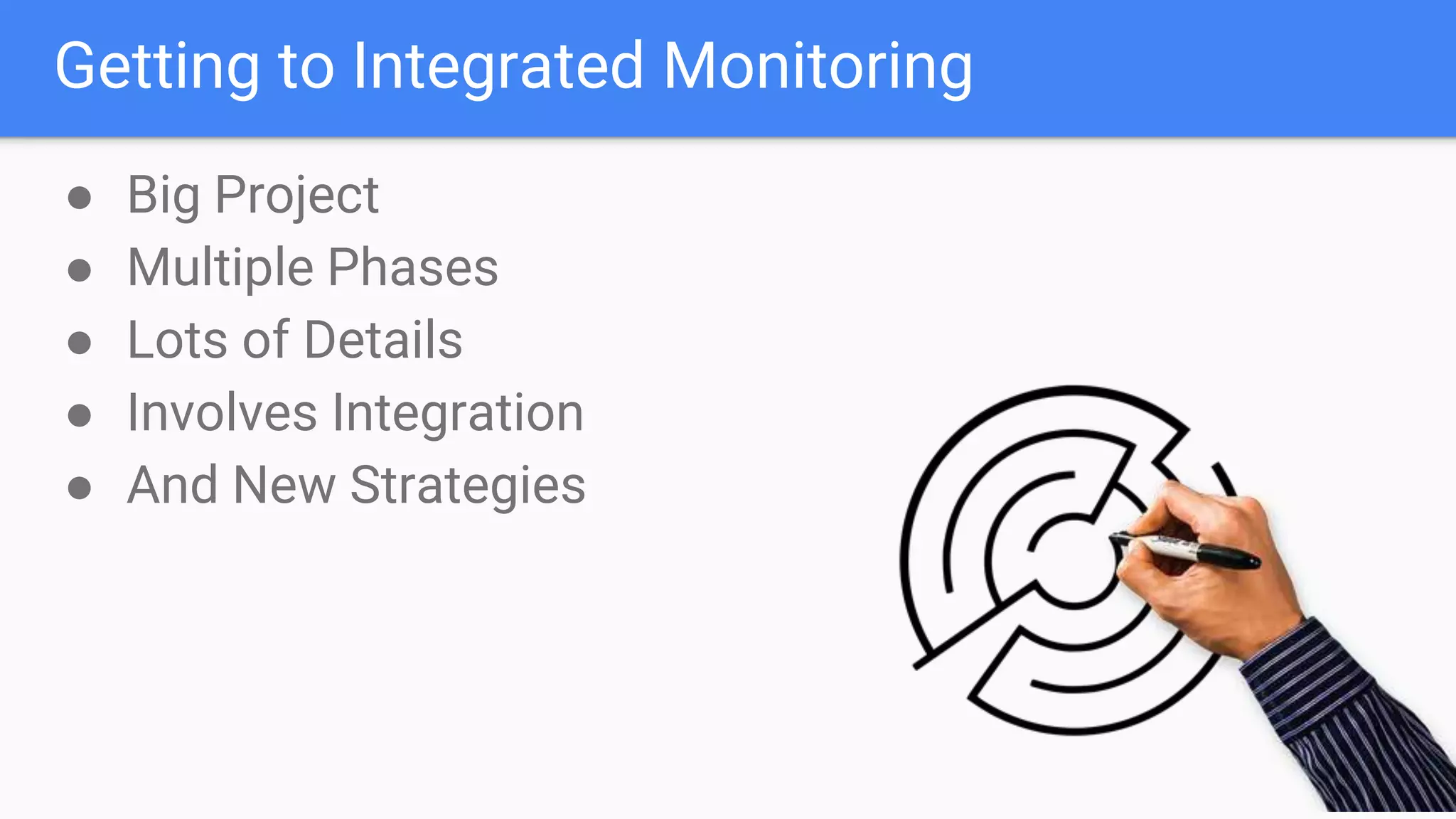 Getting to Integrated Monitoring
● Big Project
● Multiple Phases
● Lots of Details
● Involves Integration
● And New Strategies
 