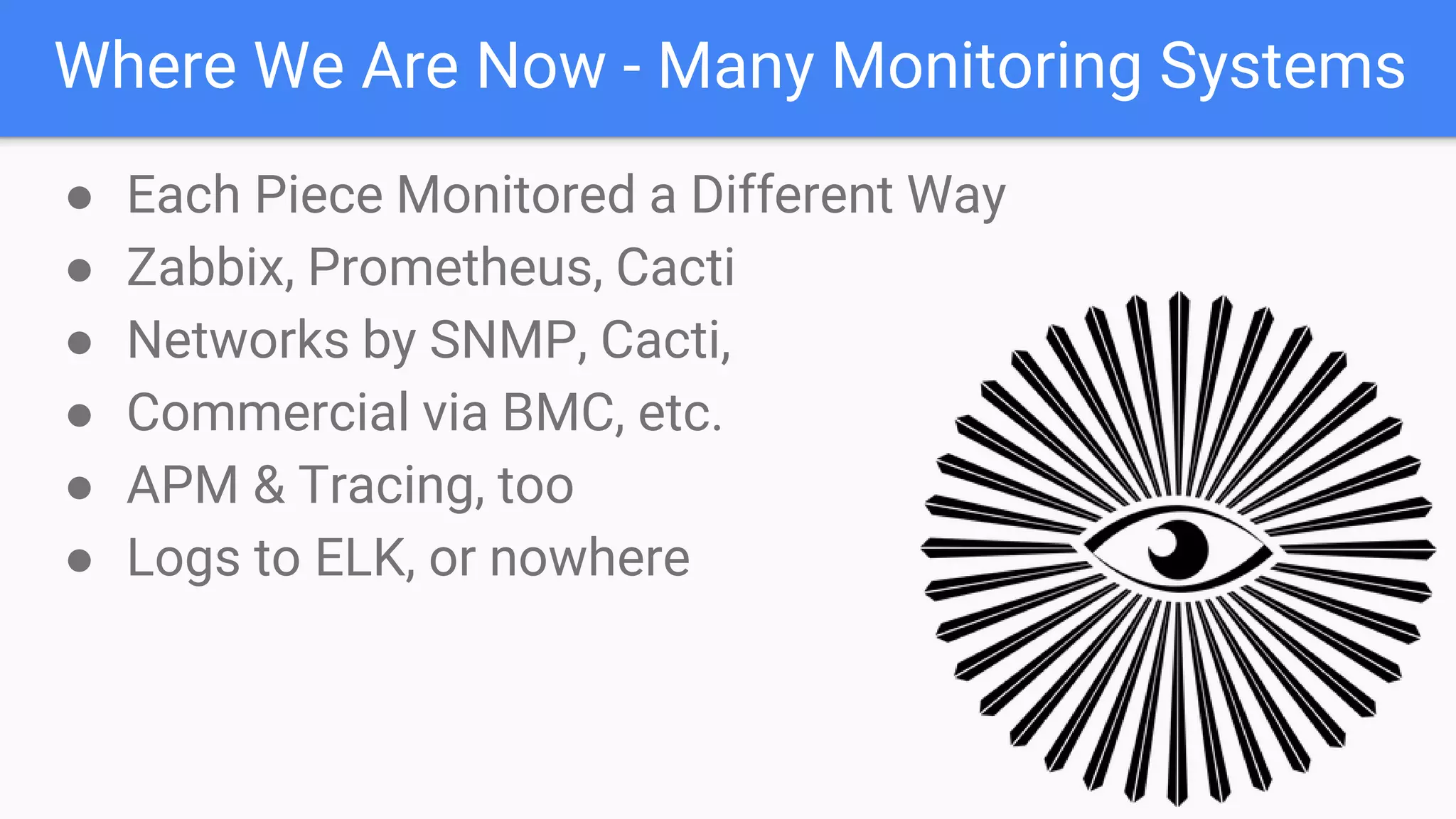 Where We Are Now - Many Monitoring Systems
● Each Piece Monitored a Different Way
● Zabbix, Prometheus, Cacti
● Networks by SNMP, Cacti,
● Commercial via BMC, etc.
● APM & Tracing, too
● Logs to ELK, or nowhere
 