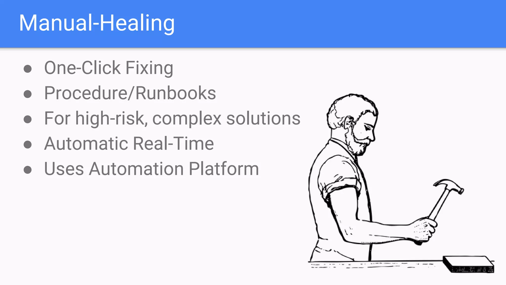 Manual-Healing
● One-Click Fixing
● Procedure/Runbooks
● For high-risk, complex solutions
● Automatic Real-Time
● Uses Automation Platform
 