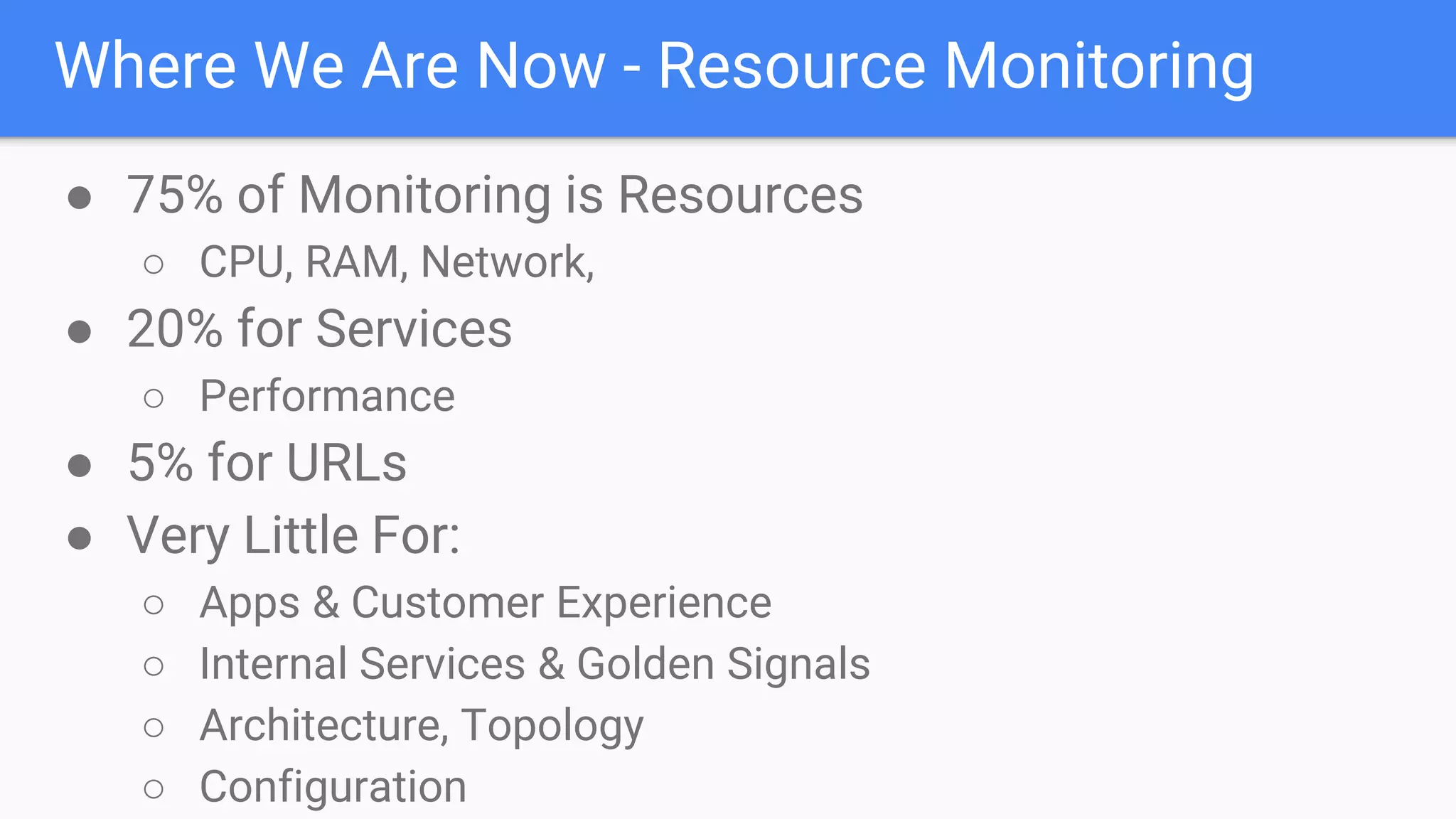 Where We Are Now - Resource Monitoring
● 75% of Monitoring is Resources
○ CPU, RAM, Network,
● 20% for Services
○ Performance
● 5% for URLs
● Very Little For:
○ Apps & Customer Experience
○ Internal Services & Golden Signals
○ Architecture, Topology
○ Configuration
 