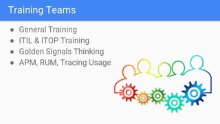 Training Teams
● General Training
● ITIL & ITOP Training
● Golden Signals Thinking
● APM, RUM, Tracing Usage
 